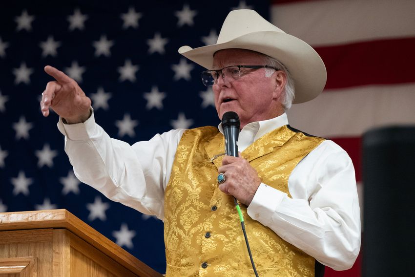 Commissioner of Agriculture Sid Miller speaks during a Make America Great Rally at the Burleson County Expo Center in Caldwell on Aug. 1, 2024.