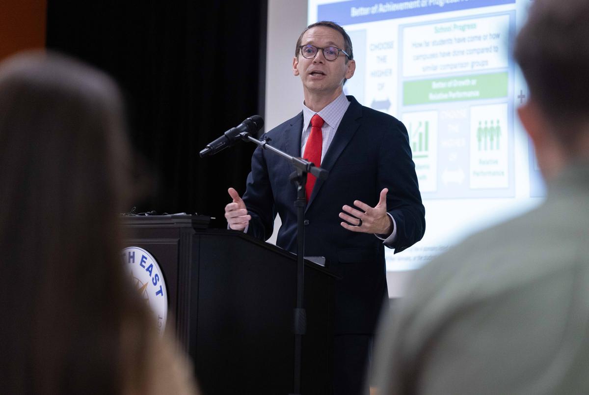 Texas Education Agency Commissioner Mike Morath speaks at Harmony Hills Elementary School in San Antonio on Friday, August 15, following the release of state-wide school accountability rankings were released and showing Harmony Hills jumped from a C to an A score in just one year.