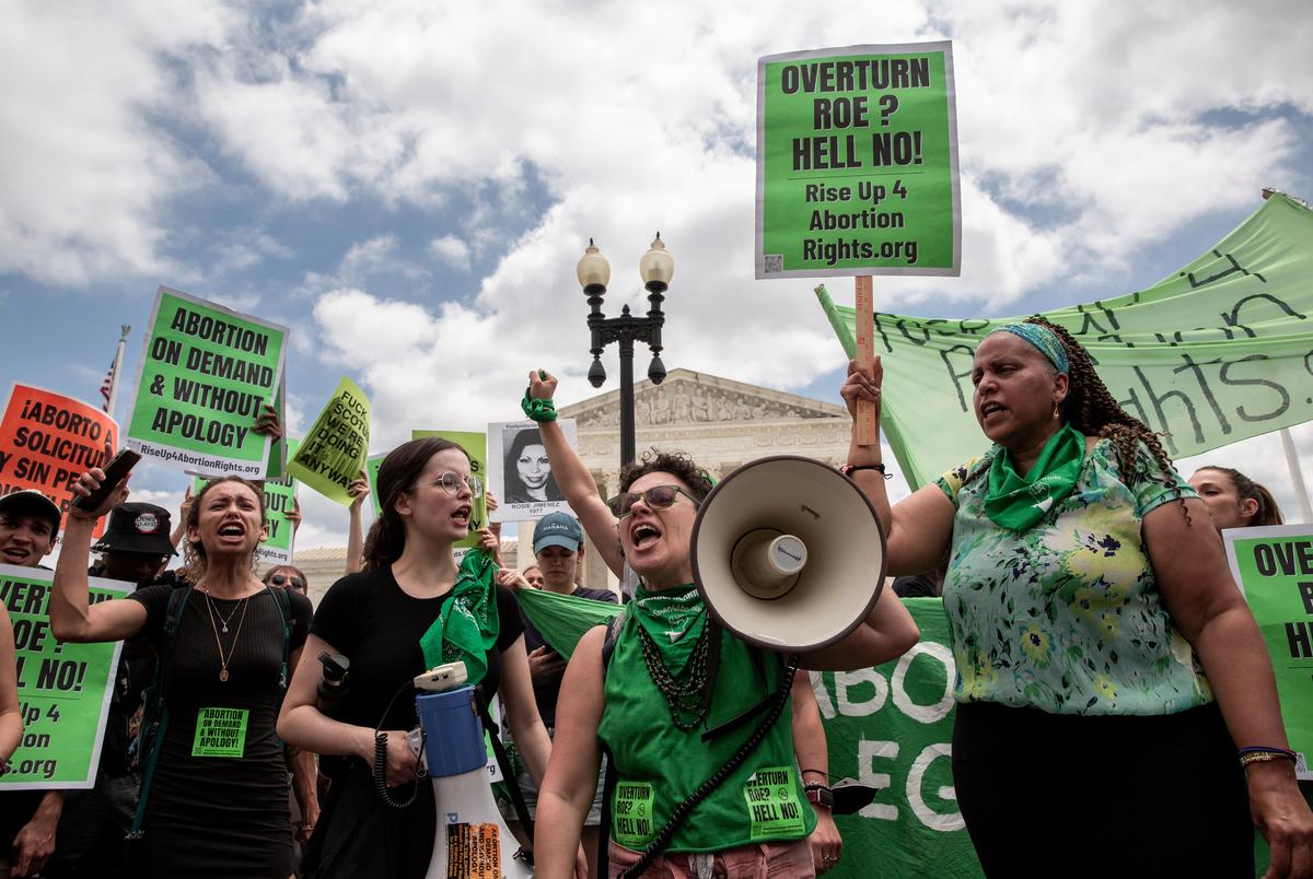 Abortion rights demonstrators protest outside the U.S. Supreme Court after the court overturned the landmark Roe v. Wade abortion decision, in Washington, D.C. on June 24, 2022.
