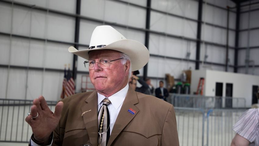 Commissioner of Agriculture Sid Miller speaks to press during a Trump Rally at Million Air in Austin on Oct. 25, 2024.