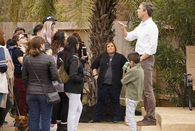 Democratic candidate Eliz Markowitz, who is running for Texas House District 28, listens as Beto O’Rourke speaks to her supporters at a block walk in Fulshear on Jan. 25, 2020.
