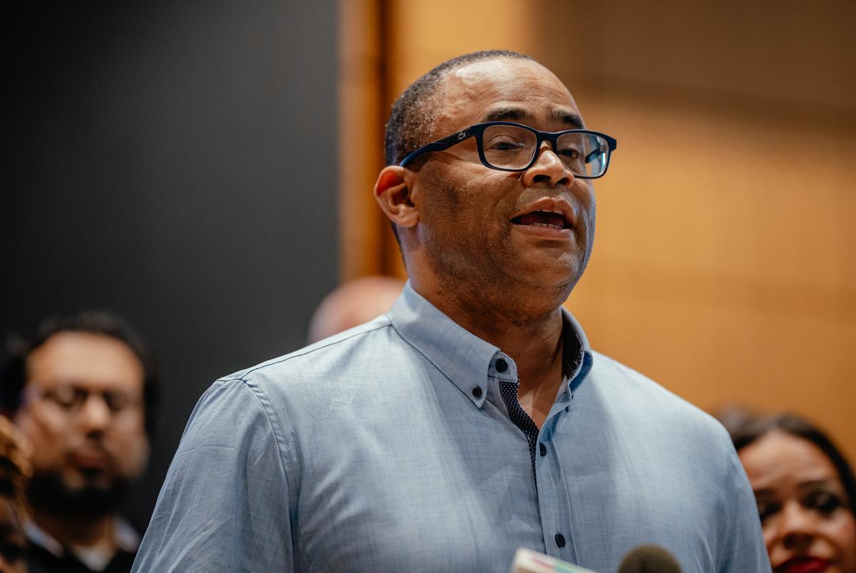 Rep. Marc Veasey, D-Fort Worth, speaks during a press conference with members of the Texas House Democratic Caucus at IBEW Local 701 in Warrenville, Ill., on Monday, Aug. 4, 2025. More than 30 Democratic Texas lawmakers fled the state the day before to block a quorum and delay a redistricting plan backed by former President Donald Trump. They regrouped in Illinois to prevent the Legislature from advancing a mid-decade congressional map that could shift several seats to Republican control.