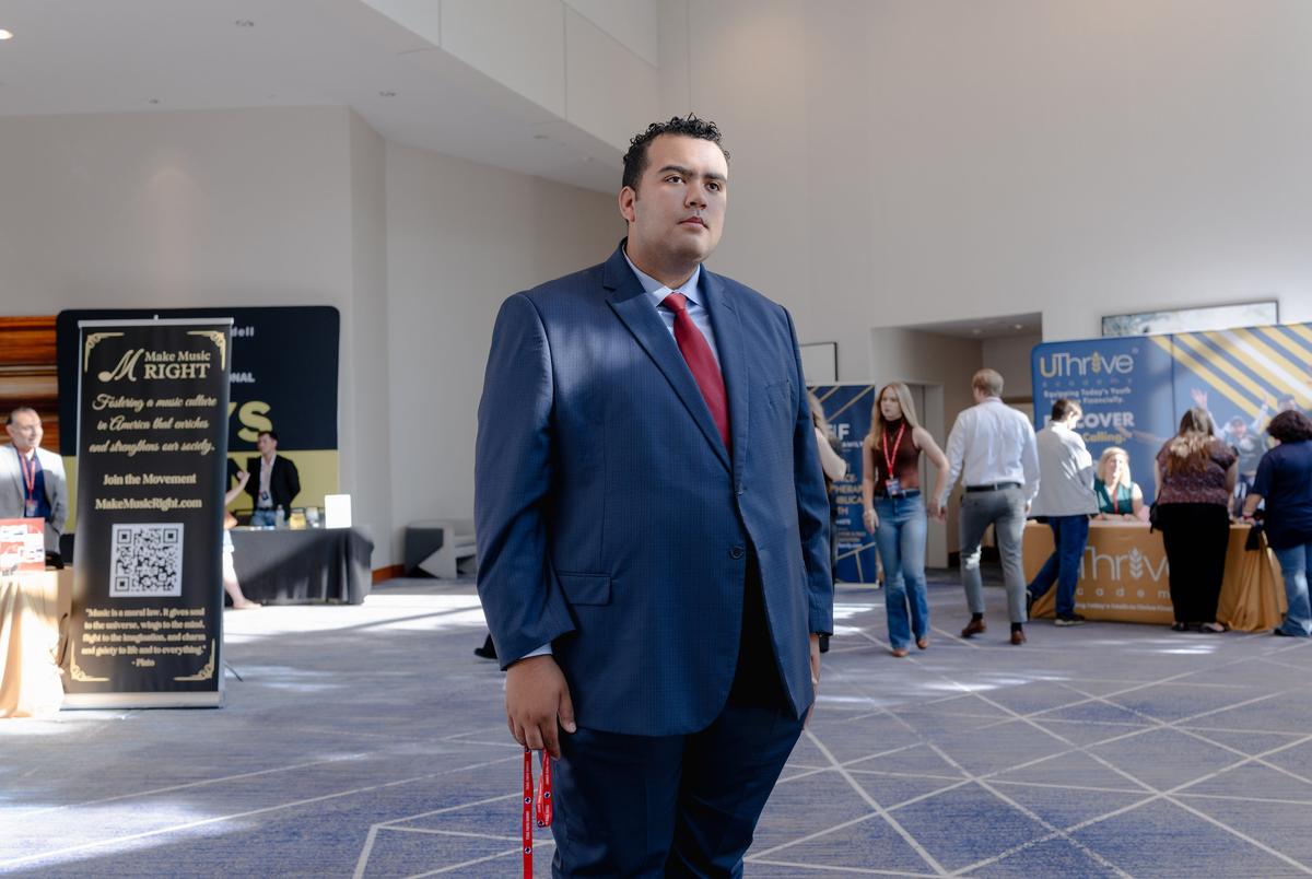 James Swank Jr., 19, poses for a portrait at the Texas Youth Summit at the Woodlands Marriott, Saturday, Sept. 20, 2025, in Houston. (Lexi Parra for The Texas Tribune)