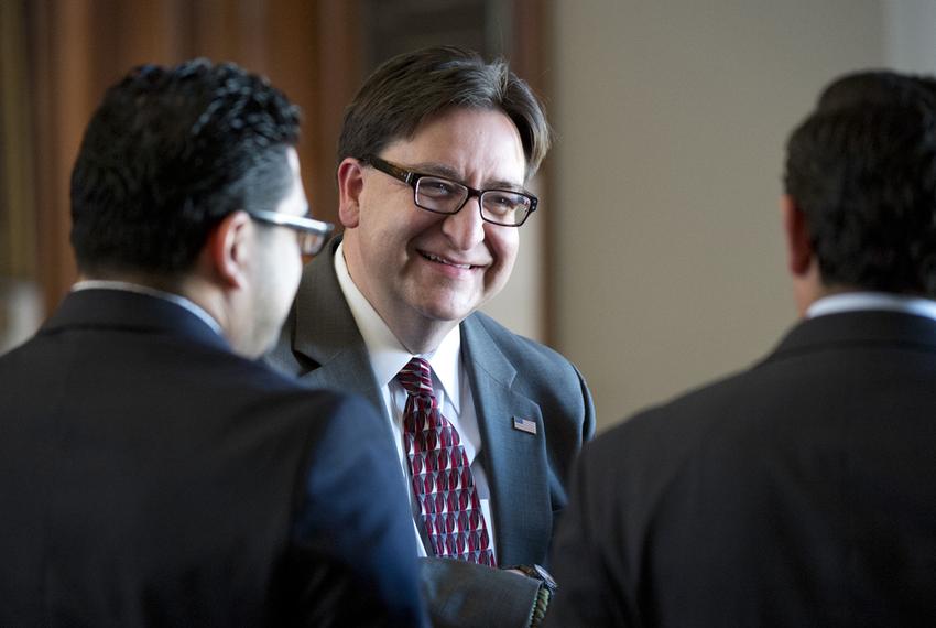 Former U.S.Rep. Pete Gallego of Alpine visits the Texas House on Mar. 25, 2015. Gallego is running again for the House seat now occupied by U.S. Rep. Will Hurd.