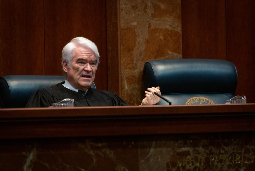 Texas Supreme Court Chief Justice Nathan Hect speaks during the hearing of the Texas Department of Criminal Justice v. Maurie Levin, et al. case on Jan. 23, 2019.