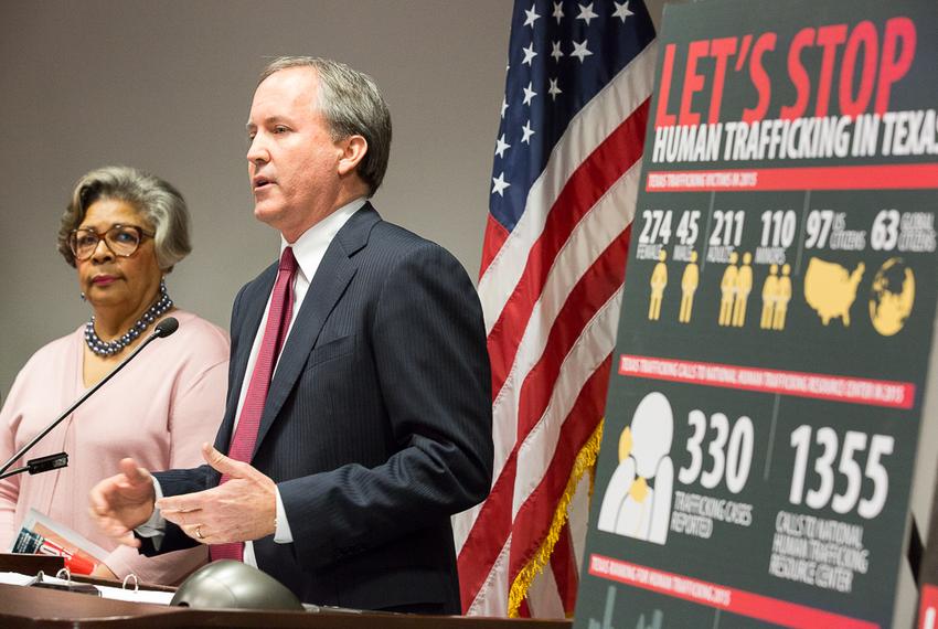 Texas Attorney General Ken Paxton announced a new unit of his office dedicated to combating human trafficking. State Rep. Senfronia Thompson, D-Houston, the author of a law that enhanced penalties for human trafficking, joined Paxton at a press conference on Jan. 14, 2016.