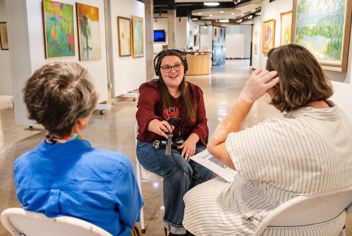 KWBU reporter Molly-Jo Tilton interviews Risher Smith-Gilbert (left) and Andrea La Valleur-Purvis (right) on Thursday at Art Center Waco for an upcoming show on KWBU.