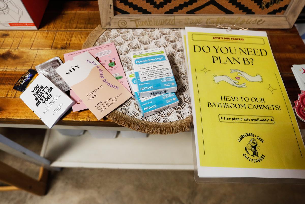 A display of Plan B test kits in a coffee shop in Wolfforth.