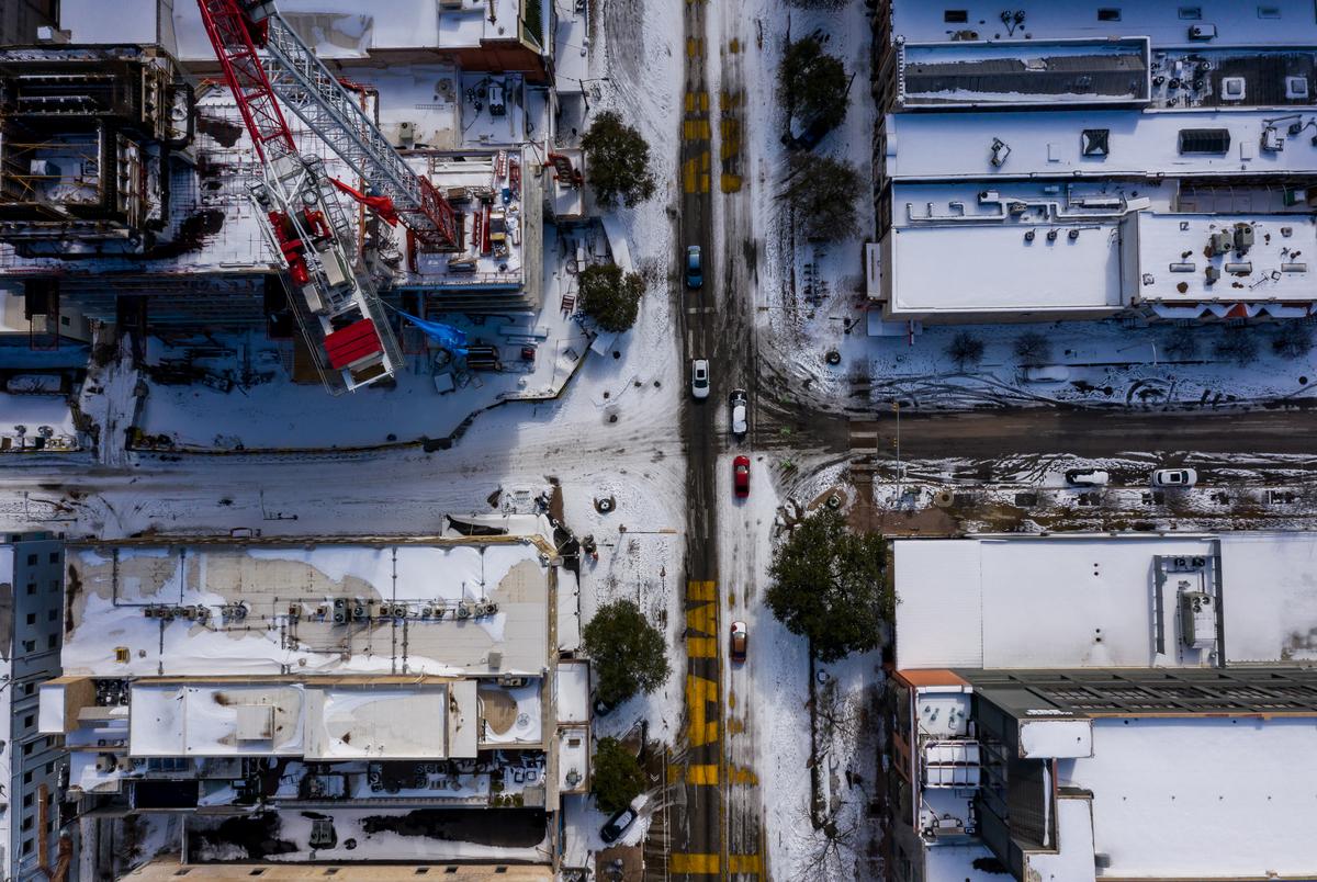 Looking south on a snow-covered Congress Ave. in Austin on Feb. 16, 2021.