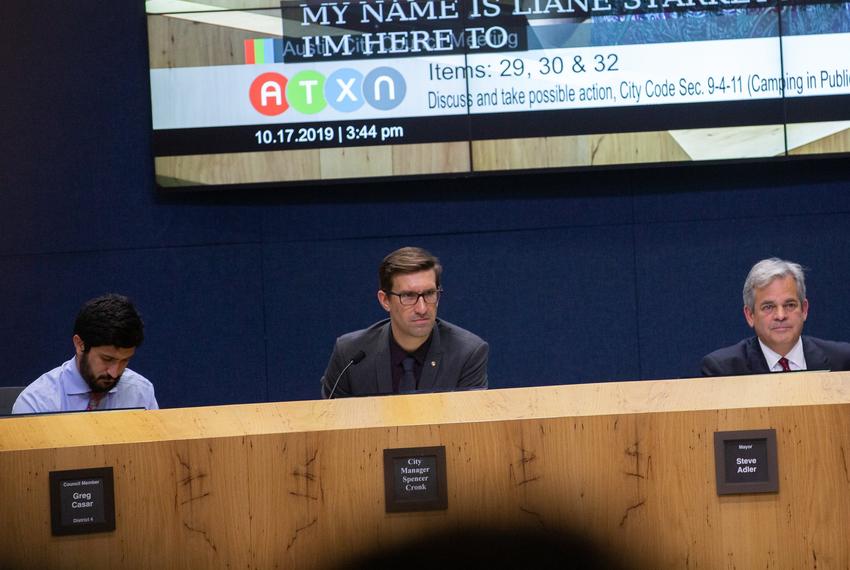 From left: Austin Council Member Greg Casar, City Manager Spencer Cronk, Mayor Steve Adler, and City Attorney Anne Morgan listen to testimony during a city council meeting on Oct. 17, 2019.