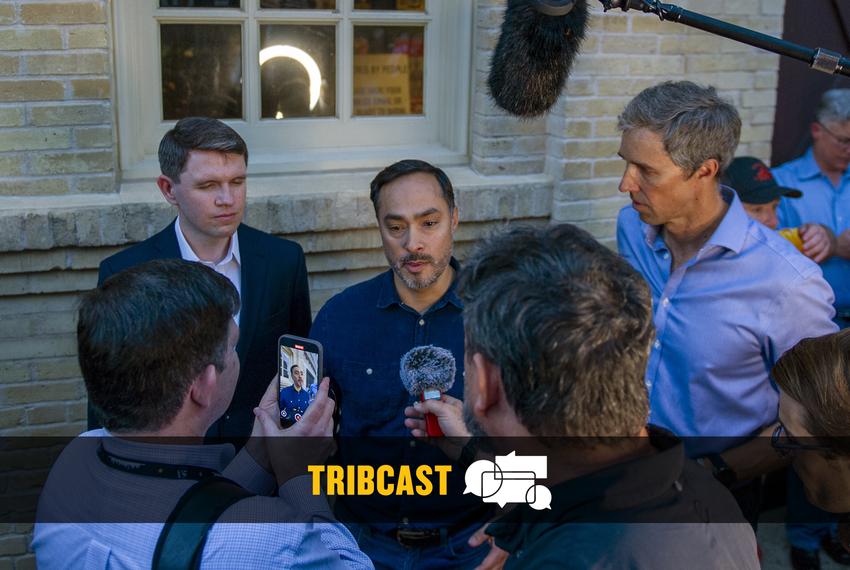 From left: State Rep. James Talarico, U.S. Rep. Joaquin Castro, and former U.S. Rep. Beto O'Rourke answer questions from the press outside of Stable Hall in San Antonio after a town hall in San Antonio on June 27, 2025.