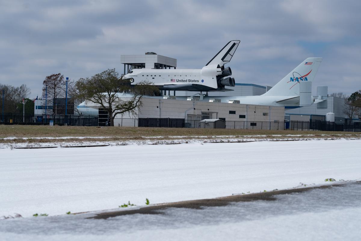 A view of Space Center Houston on Feb. 15, 2021 in Houston. A rare snow blanketed the city as well as other parts of Texas.