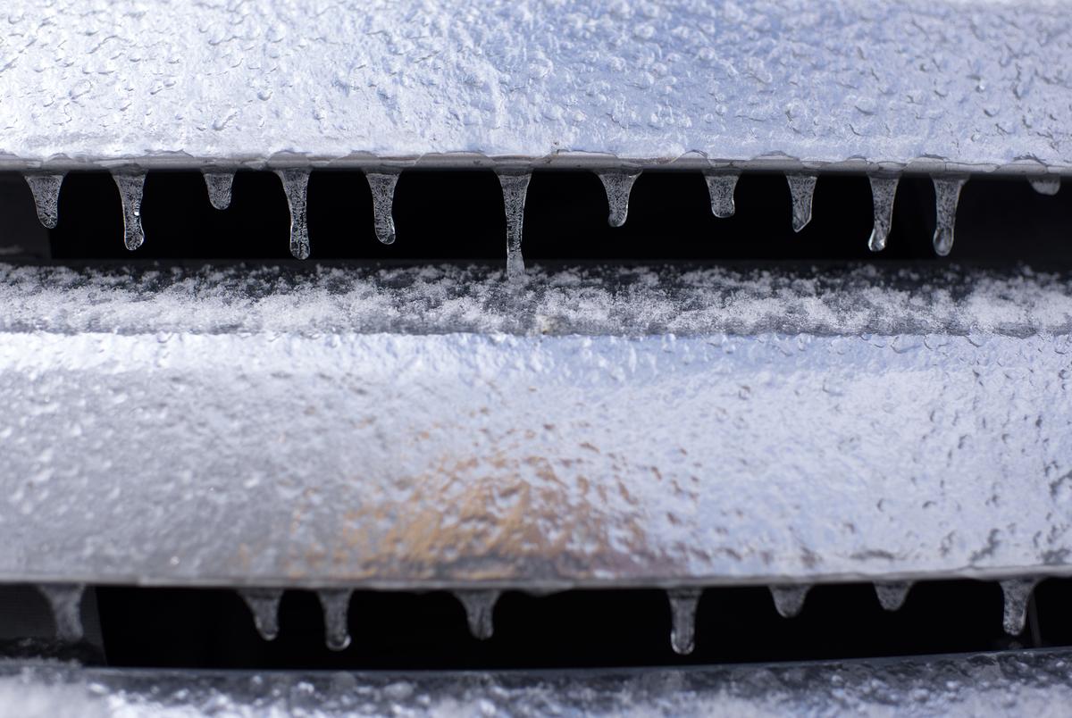 Icicles form on the grill of a car in Houston on Feb. 15, 2021.