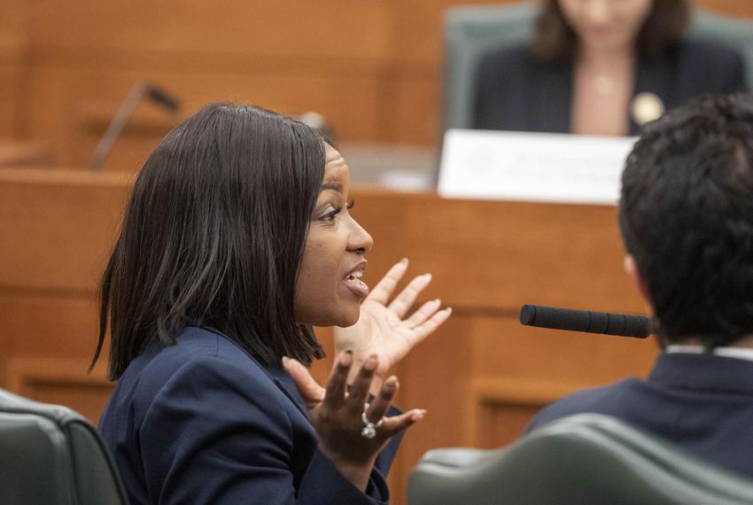 U.S. Rep. Jasmine Crockett, D-Dallas, answers qeustions at the witness table during the final public hearing of the House Select Committee on Congressional Redistricting at the Texas Capitol on August 1, 2025.