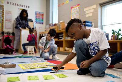 Class ambassador Letrevian Brown works silently at his own pace at East Texas Montessori Prep Academy.