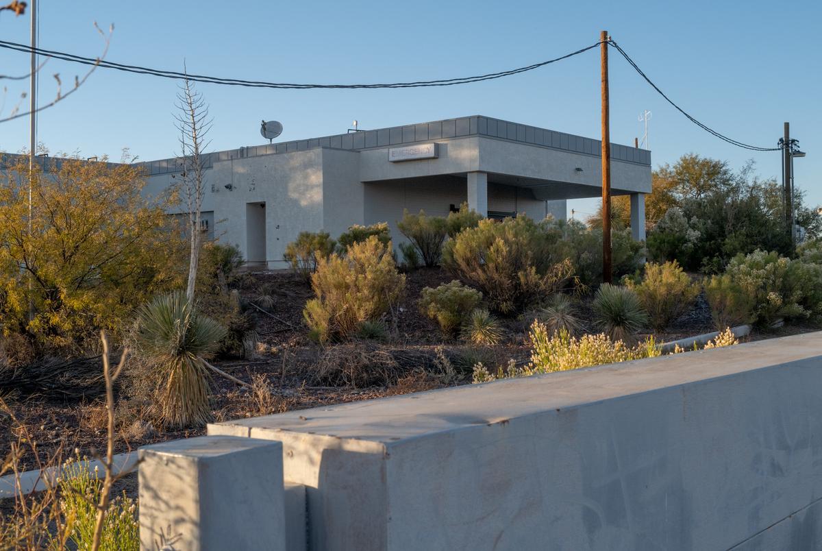 A low-slung stucco building amid overgrown bushes.