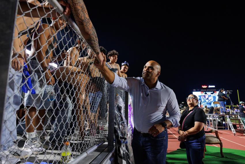 Former U.S. Rep. Colin Allred shakes hands with PSJA North High School students at their homecoming football game in Pharr on Oct. 3, 2025.