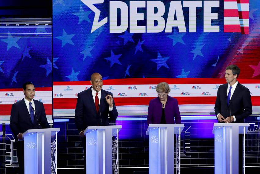 Democratic 2020 presidential candidates former HUD Secretary Julián Castro, U.S. Senator Cory Booker, U.S. Senator Elizabeth Warren and former U.S. Rep. Beto O'Rourke participate in the first U.S. 2020 presidential election Democratic candidates' debate in Miami, Florida on June 26, 2019.