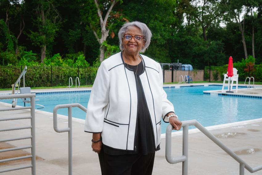 Lillie Biggins, 82, board member of the Eastside YMCA, poses for a portrait by the YMCA’s pool in Fort Worth on Friday, August 22, 2025.