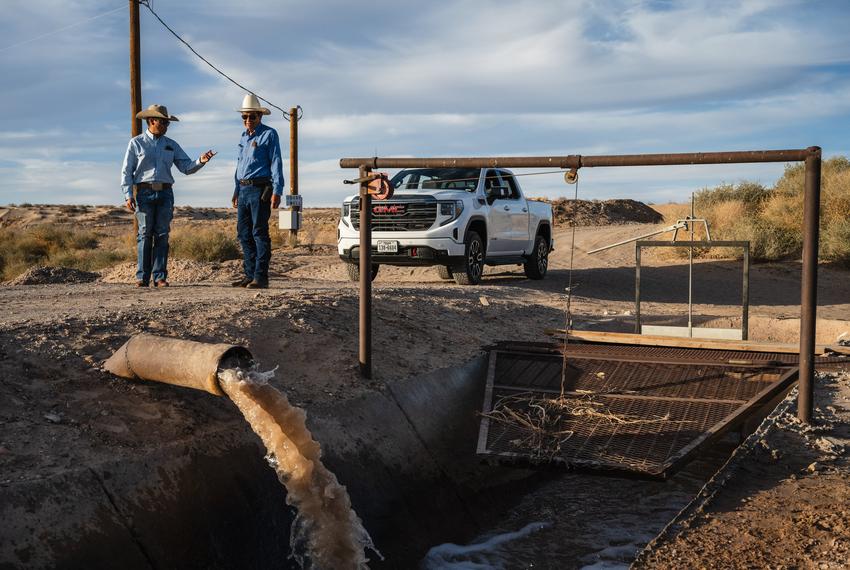 Jay Ornelas, El Paso County Water Improvement District Manager (left) and Ramon Tirres (right) in Clint, Texas on march 5, 2025.