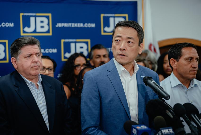 Texas House Democratic Caucus Chair Gene Wu, D-Houston, speaks during a press conference alongside dozens of fellow Texas lawmakers and Illinois Gov. J.B. Pritzker in Carol Stream, Ill., on Sunday, Aug. 3, 2025. Members of the Texas House Democratic Caucus announced they fled the state to block a quorum and halt a Trump-backed redistricting effort. The lawmakers regrouped in Illinois to prevent the Texas Legislature from advancing a mid-decade congressional map.