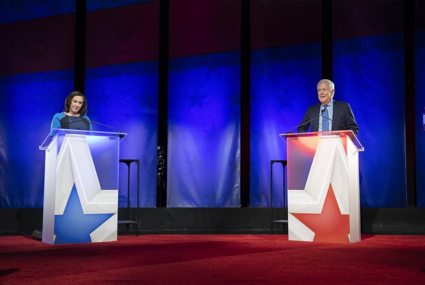 Republican U.S. Sen. John Cornyn, R-Texas, and challenger MJ Hegar face off in a Nexstar televised debate on Oct. 9, 2020, at the Bullock Texas State History Museum in Austin. Hegar is slightly behind the long-time senator in the latest polls late in the campaign.