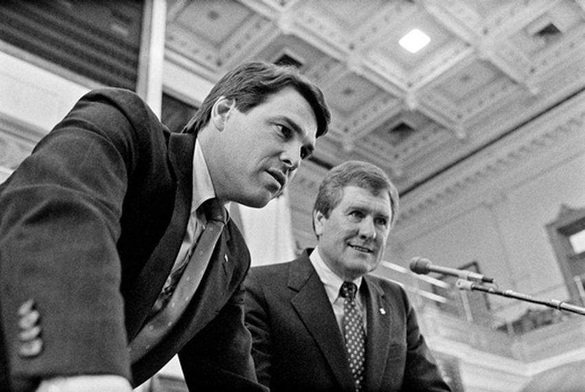 State Rep. Rick Perry with House Speaker Gib Lewis (D-Fort Worth) during the 69th Legislative session, on September 2, 1986.