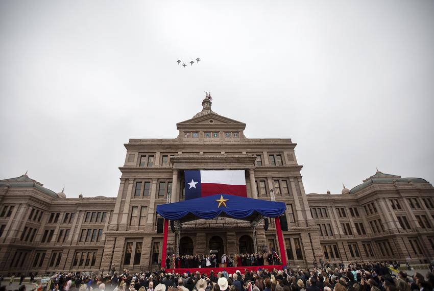 Air Force fighter planes fly over the state capitol during the Oath of Office Ceremony. Lt. Governor Dan Patrick and Governor Greg Abbott were sworn into their respective offices. Jan. 15, 2019. Miguel Gutierrez Jr. / The Texas Tribune.