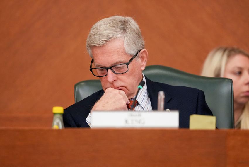 State Sen. Phil King, R-Weatherford, listens to testimony during a special Senate virtual hearing on Texas redistricting at the Texas Capitol on July 29, 2025.