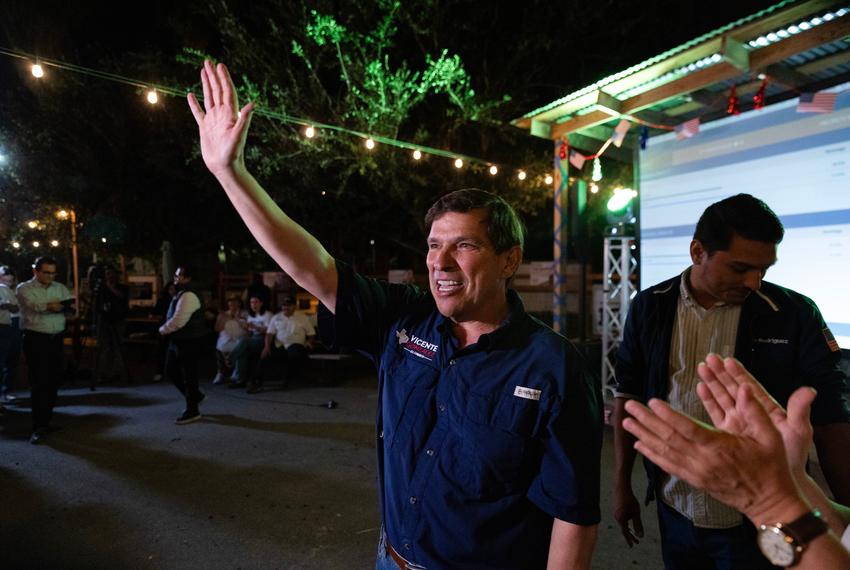 U.S. Rep. Vicente Gonzalez, D-McAllen, declares victory over his Republican challenger, Mayra Flores, at a Brownsville watch party on Nov. 5, 2024.