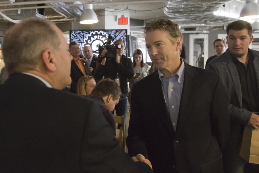 Sen. Rand Paul speaks to supporter after briefly addressing public at the opening of his new office at the downtown Austin, Texas incubator Capital Factory on March 16th, 2015