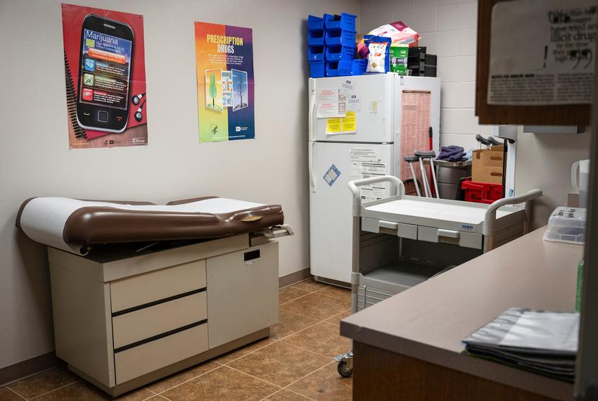 The nurse’s office at the Ector County Youth Center on Friday, Nov. 8, 2024, in Odessa. The office does not have any attached restroom, causing residents to return to their rooms to use their toilets for drug tests, and during weekly doctor’s visits, the office can become quite cramped when three to four people are using the room at a time.