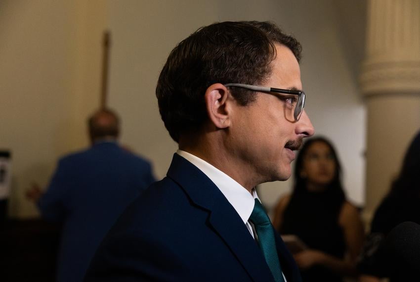 State Rep. Briscoe Cain, R-Deer Park, speaks with press outside the Texas House on Aug. 18, 2025.