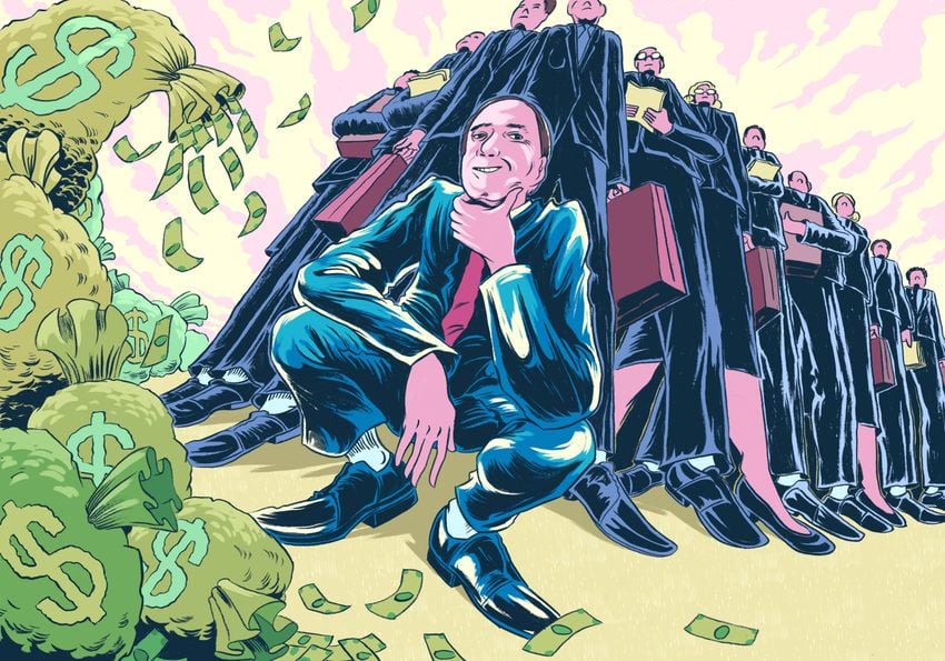 An illustration of bags of money, Texas Attorney General Ken Paxton, and a group of lawyers holding briefcases and documents.