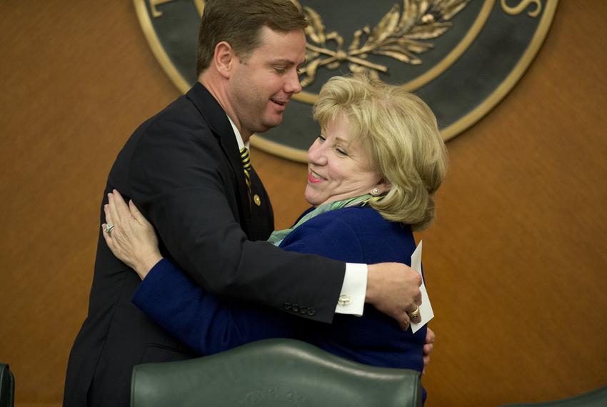 State Rep. Trent Ashby, R-Lufkin, and Chairman Sen. Jane Nelson, R-Flower Mound, embrace prior to Wednesday's Joint Committee on Appropriations discussing the state budget May 20, 2015.