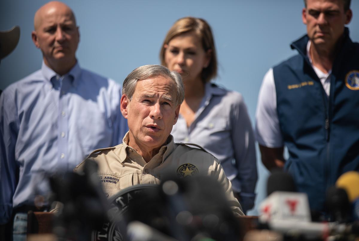 Gov. Greg Abbott speaks at a press conference with nine other governors regarding the southern border at Anzalduas Park in Mission on Oct. 6, 2021.