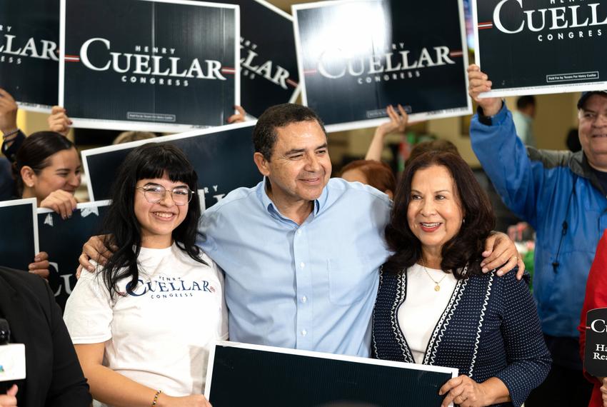 Henry Cuellar celebrates his victory with his daughter Catherine and wife Imelda Cuellar at an election night party in Laredo on Nov. 8, 2022.