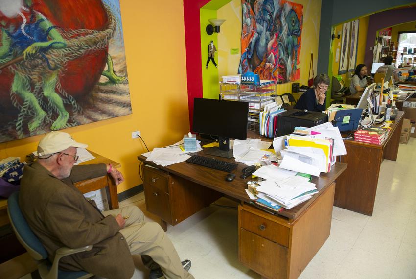 Left and center: Bobby and Lee Byrd at their desks at the Cinco Puntos publishing house in El Paso.