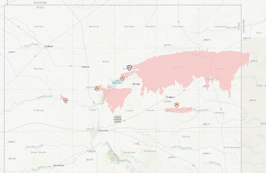 Screenshot of a map of the fires raging in the Texas Panhandle taken at 4:55 p.m. on Thursday, Feb. 29, 2024.