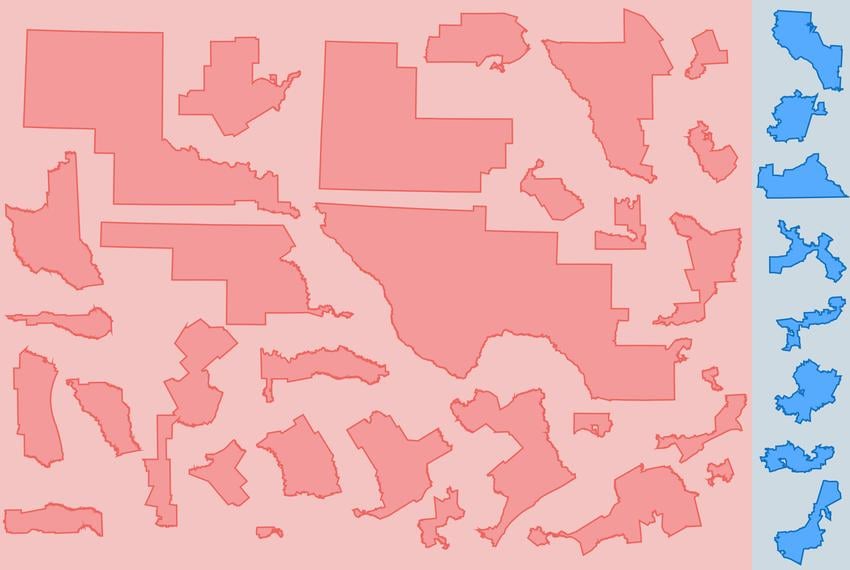 Shapes of the new Congressional districts with the red Republicans on the left and the blue Democrat ones on the right.