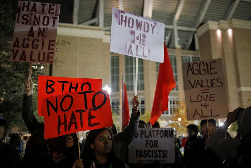 Students at Texas A&M in College Station protest outside the venue where white nationalist Richard Spencer spoke on December 6, 2016.