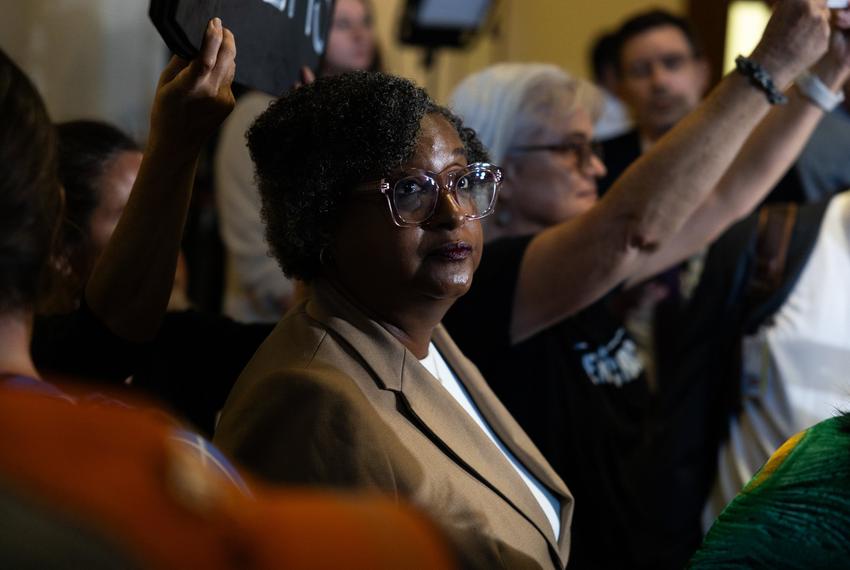 Rep. Rhetta Andrews Bowers, D-Rowlett, stands outside a press gaggle outside of the Texas House on Aug. 18, 2025. Texas Democrats left the state to fight redistricting at the national level, returning after two weeks to resume work in the state.