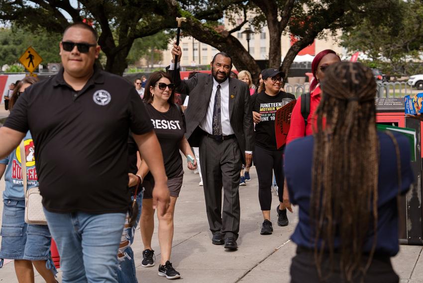 U.S. Rep. Al Green, D-Houston, walks to a Congressional Redistricting meeting at the University of Houston campus in Houston, Texas, on July 26, 2025.