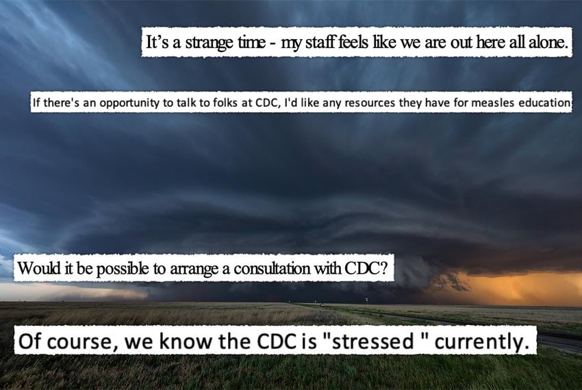 As a measles outbreak exploded in Texas in February, local health officials struggled to reach CDC scientists who were grappling with changes under the new Trump administration, according to interviews and emails obtained by KFF Health News. The first three clips above are excerpts of emails from Katherine Wells, the public health director in Lubbock, Texas. The bottom clip is from Scott Milton, at the Texas Department of State Health Services. (KFF Health News illustration; 500Px Plus; photo of Lubbock, Texas, from Getty Images)