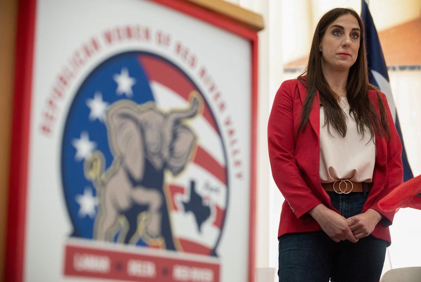 Railroad Commissioner candidate Sarah Stogner waits to speak at a Republican Railroad Commission Forum alongside incumbent Wayne Christian at Celebrate It, an event hall in Paris, Texas, on April 26, 2022.