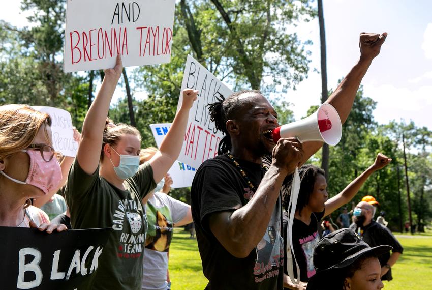 Brother Emmanuel Thomas leads a chant during a rally for George Floyd in Vidor, Texas on June 06, 2020. Organizers of the rally in Vidor, historically known as a "sundown town," said they wanted to change the reputation and move on from the past.