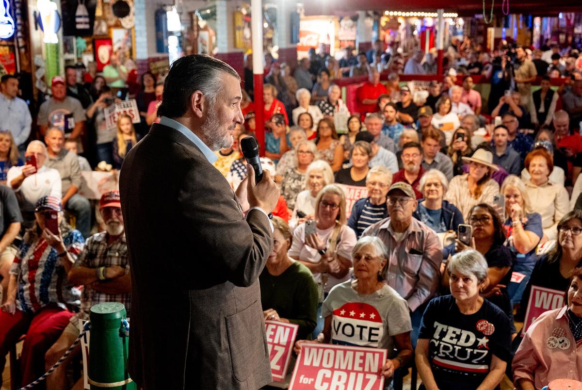 U.S. Sen. Ted Cruz speaks during a bus tour campaign stop at Tia Juanita's Fish Camp in Longview on Saturday Oct. 5, 2024.