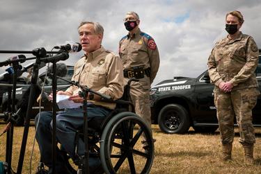 Governor Greg Abbott addresses the media about border security at a press conference at Anzalduas Park in Mission on March 9, 2021.