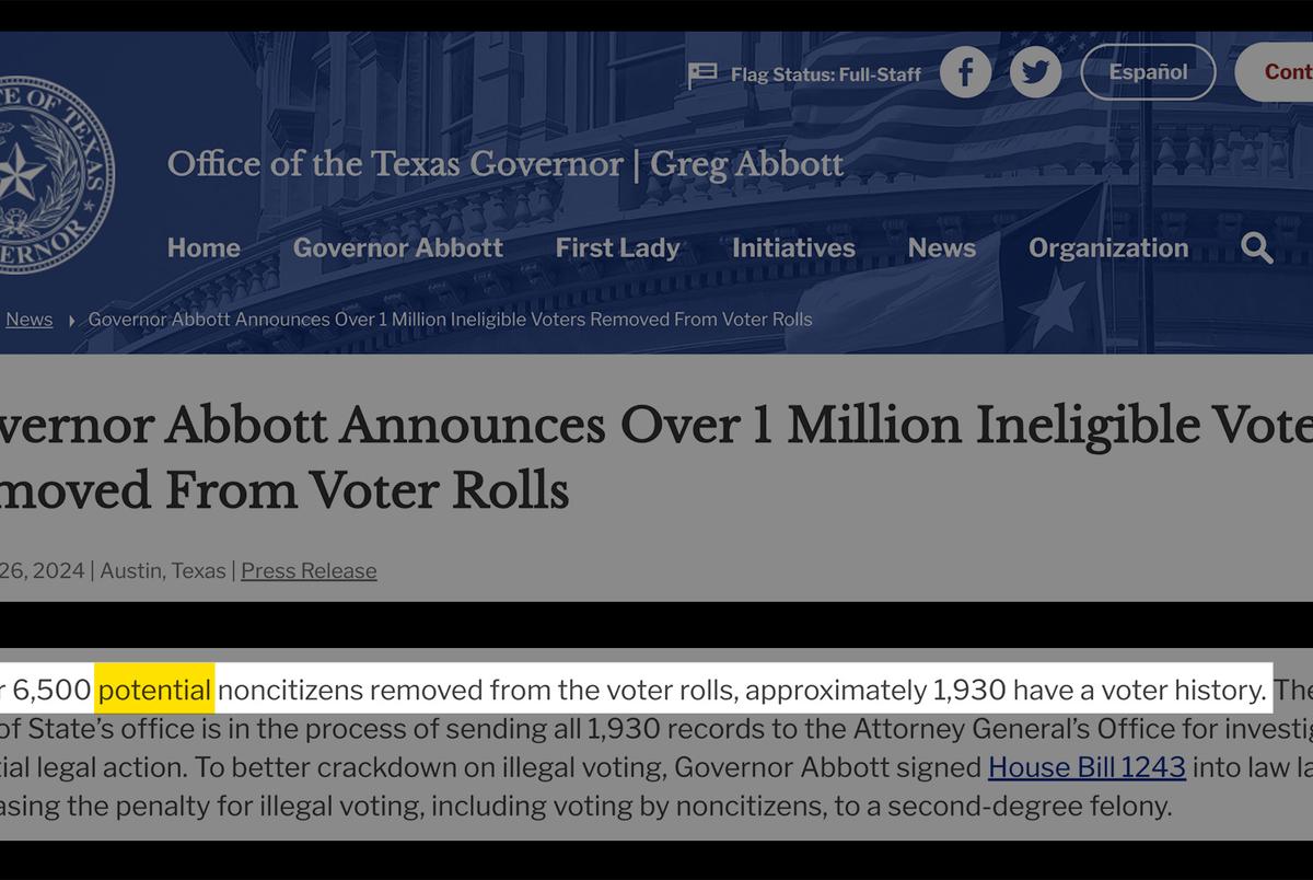Screenshot of Gov. Abbott press release reads: “Of the over 6,500 potential noncitizens removed from the voter rolls, approximately 1,930 have a voter history.”
