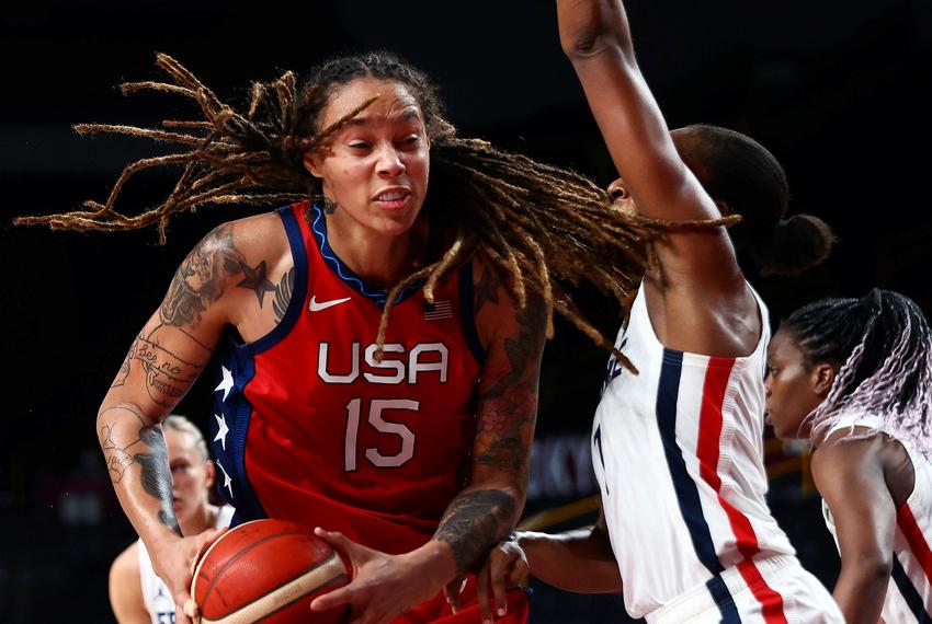 Brittney Griner of the United States in action at Saitama Super Arena during the Tokyo 2020 Olympic women's basketball Group B game in Saitama, Japan, on Aug. 2, 2021.